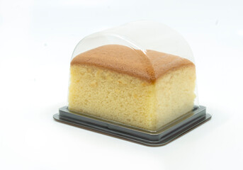 Wall Mural - Small piece of Taiwanese soft cake in small plastic package on white background. Close up Taiwanese soft cake for sell in package.