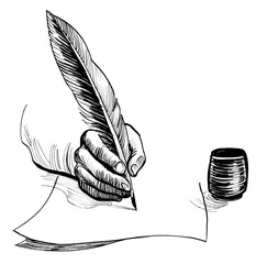 Hand writing with quill. Ink black and white drawing
