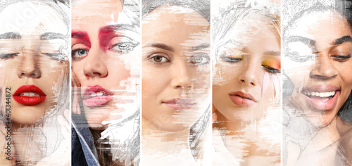 Fotografering Young woman with beautiful makeup and brush on light background