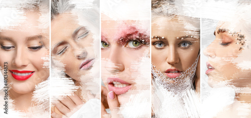 Young woman with beautiful makeup and brush on light background Fototapet