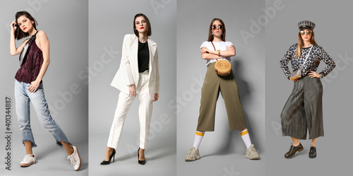Collage of different fashionable young women on grey background Billede på lærred