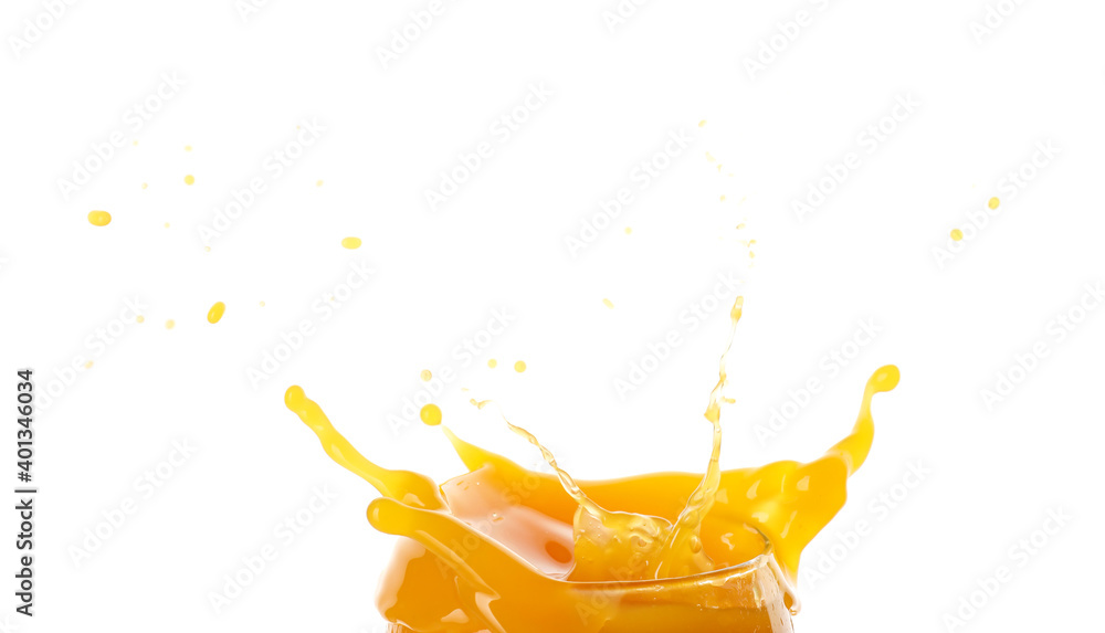 Splash of fresh mango juice on white background