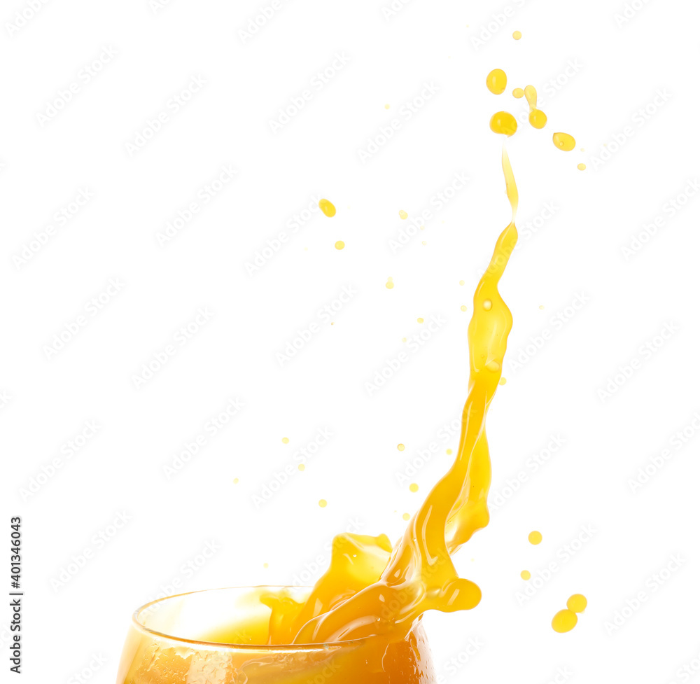 Splash of fresh mango juice on white background