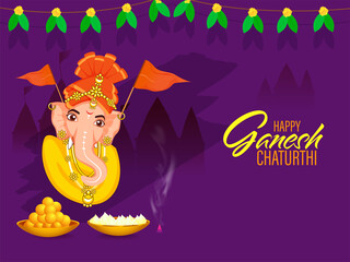 Sticker - Happy Ganesh Chaturthi Poster Design With Lord Ganesha Face, Flags, Laddu And Modak In Bowls On Purple Silhouette Temple Background.