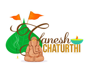 Canvas Print - Ganesh Chaturthi Font With Creative Soil Idol Of Lord Ganesha, Peepal Leaf, Flags And Burning Diya On White Background.