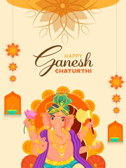 Sticker - Hindu Mythology Lord Ganesha Idol With Burning Oil Lamps (Diya) And Flowers Hang On Yellow Background For Happy Ganesh Chaturthi Celebration.