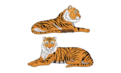 Tiger as Large Cat Specie with Dark Vertical Stripes on Orange-brown Fur Vector Set