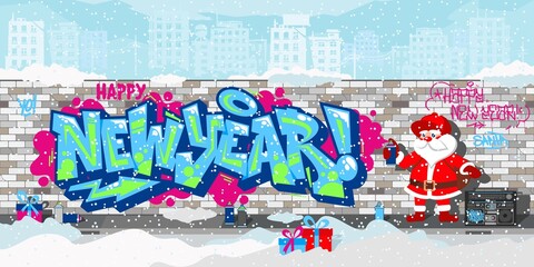 Flat Cartoon Hiphop Santa Claus Spraying Graffity Happy New Year Vector Illustration Art. Colorful Streetart Graffiti Wall With Drawings Against The Background Of The Cityscape Vector Illustration