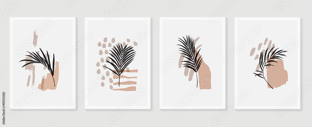 Botanical wall art vector set. Earth tone boho foliage line art drawing with  abstract shape.  Abstract Plant Art design for wall framed prints, canvas prints, poster, home decor, cover, wallpaper. - obrazy, fototapety, plakaty 