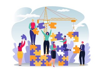 Business puzzle for people success teamwork concept, vector illustration. Man woman team build in cooperation partnership. People group character use crane for development together.