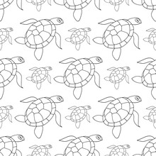 Sea Turtle Seamless Pattern. Ocean Floor Marine Life Hand Drawn Doodle Outline. Background For Paper For Scrapbooking Wrapping. Stock Vector Illustration.