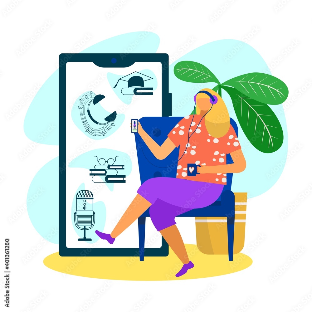 Woman use smartphone technology for making online podcast, vector ...