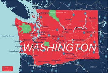 Poster - Washington state detailed editable map with cities and towns, geographic sites, roads, railways, interstates and U.S. highways. Vector EPS-10 file, trending color scheme