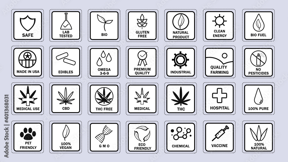 Large Set of CBD oil icons. Best popular food product stamp. Simple design, premium quality, pure, natural, no pesticides, organic, eco, gluten free, pet friendly.