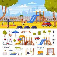 Colorful Cityscape With Kids Playground As Urban Summer Public Area For Playing And Equipment Vector Set