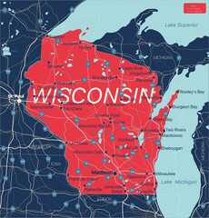 Sticker - Wisconsin state detailed editable map with cities and towns, geographic sites, roads, railways, interstates and U.S. highways. Vector EPS-10 file, trending color scheme