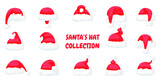 Fototapeta Pokój dzieciecy - Big set of realistic Santa Claus hats isolated on white background. Christmas bright, red Santa Claus hats with fur and fur bubo. Vector illustration
