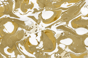 Gold luxury marble ink texture on watercolor paper background. Marble stone image. Bath bomb effect. Psychedelic biomorphic art.