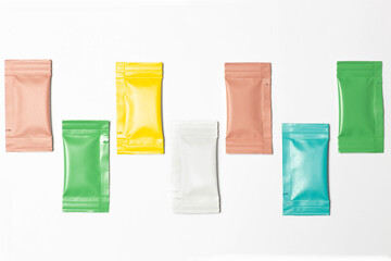 Close-up composition of colored sachets on a white background.