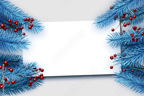 Obraz na plátně Blue spruce branches with red holly berries.