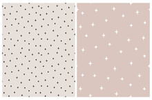 Seamless Hand Drawn Vector Pattern With White And Black Irregular Stars Isolated On A Light Dusty Pink And Warm Gray Background. Cute Abstract Doodle Print Ideal For Fabric, Textile.