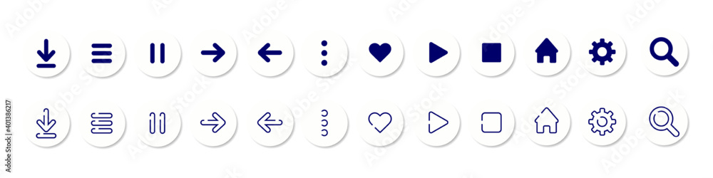Vector icons set. UI icons. Icons with vector shadow. For mobile, web, social media, business. Vector illustration EPS 10 - obrazy, fototapety, plakaty 