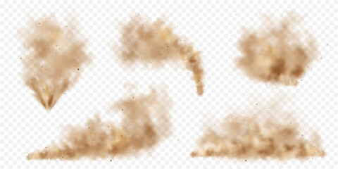 Realistic dust clouds. Road sand storm. Polluted dirty brown air with dirt particles, smog. Air, environmental pollution. Vector design element.