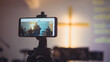 Church services online with new normal concept, Live worship with smartphone.