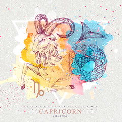 modern magic witchcraft card with astrology capricorn zodiac sign on artistic watercolor background.