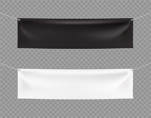 Black and white banners. Vector realistic template. Mockup. Two hanging horizontal banners on the ropes on transparent background. Textiles, PVC, Vinyl, Nylon. for presentation, promotion, advertising