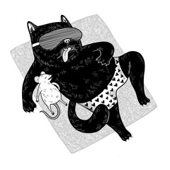 Poster - Black cat and mouse sleep together. Vector cute character isolated on white background.