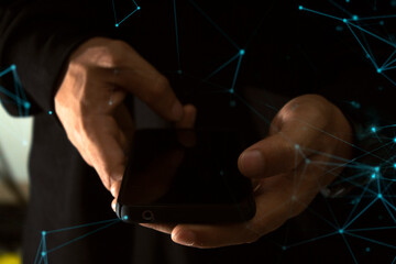Wall Mural - businessman hand finger touch on screen smartphone device for online trading network technology inte