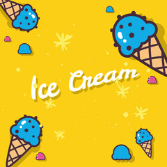 Sticker - Ice creams with cones on yellow background vector design