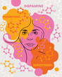 Female face and of the structures of neurotransmitters, serotonin, dopamine and endorphins. Vector abstract illustration about good mood, physiology of happiness.