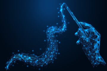 Magic wand in hand. A bright magic trail. Polygonal construction of concatenated lines and points. Blue background.