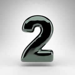 Number 2 on white background. Green chrome 3D number with glossy surface.