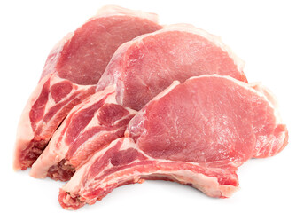 sliced raw pork meat isolated on white background. clipping path