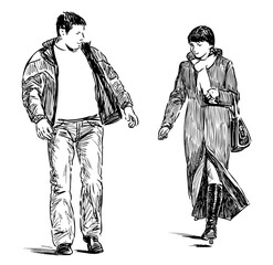 Sticker - Sketch of couple young cheerful citizens walking together along street