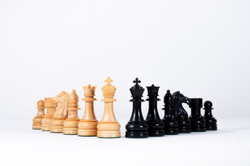 .black and white chess pieces with white background.