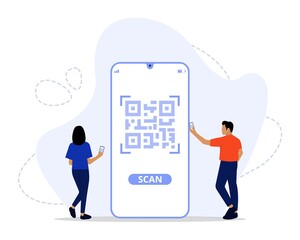 Vector Illustration, QR Code scanning Concept, Showing people scan code using smartphone, 
Suitable for landing page, UI, web, App intro card, and others
