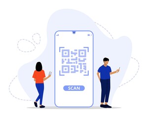 Vector Illustration, QR Code scanning Concept, Showing people scan code using smartphone, 
Suitable for landing page, UI, web, App intro card, and others
