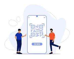 Vector Illustration, QR Code scanning Concept, Showing people scan code using smartphone, 
Suitable for landing page, UI, web, App intro card, and others
