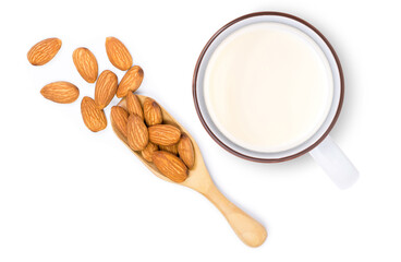 Wall Mural - Almond milk isolated on white background.