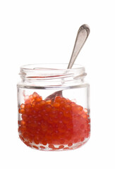 Poster - Red Caviar in a spoon. Close-up salmon caviar. Delicatessen. Gourmet food. Texture of caviar.