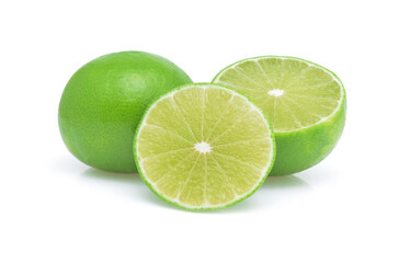 Wall Mural - Fresh green lime fruit white slices isolated on white background.