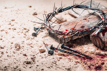 Bloody Nails, Crown Of Thorns With Drops Of Blood Over Grunged Background. Good Friday, Passion Of Jesus Christ. Christian Easter Holiday. Crucifixion, Resurrection Of Jesus Christ. Gospel, Salvation
