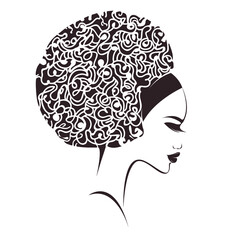 Wall Mural - Hair salon and beauty studio logo.Beautiful African woman with big Afro hairstyle and elegant makeup.Young lady.Hairdresser and cosmetics logo.Luxury,glamour portrait.Female head.Profile view.