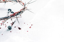 Christian Crown Of Thorns With Drops Of Blood, Nails On Grey Background. Good Friday, Passion Of Jesus Christ. Easter Holiday. Copy Space. Crucifixion, Resurrection Of Jesus Christ. Gospel, Salvation