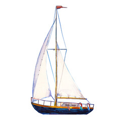 Watercolor illustration, hand drawn sailboat. Art cut out yacht sails, watercolor isolated objet on white background.