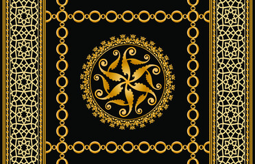 Canvas Print - Seamless pattern decorated with precious stones, gold chains and pearls.	